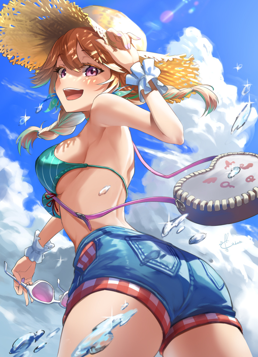 1girl :d absurdres arm_up armpits ass bag bare_shoulders bikini blue_shorts braid breasts brown_headwear cowboy_shot day denim denim_shorts eyewear_removed floating_hair from_behind front-tie_bikini front-tie_top green_bikini hat highres holding hololive hololive_english kito_koruta long_hair looking_at_viewer looking_back low_twintails medium_breasts multicolored_hair open_mouth orange_hair outdoors scrunchie short_shorts shorts shoulder_bag smile solo splashing straw_hat streaked_hair string_bikini sunglasses swimsuit takanashi_kiara twin_braids twintails twisted_torso violet_eyes virtual_youtuber water wrist_scrunchie