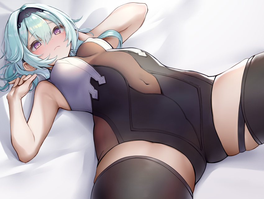 1girl absurdres bangs bare_arms bed_sheet black_hairband black_legwear blue_hair blush breasts center_opening closed_mouth commentary_request covered_navel cowboy_shot eula_(genshin_impact) eyebrows_visible_through_hair frown genshin_impact hair_between_eyes hairband hands_up highres leotard long_hair looking_at_viewer lying medium_breasts on_back solo terebi_(shimizu1996) thigh-highs violet_eyes