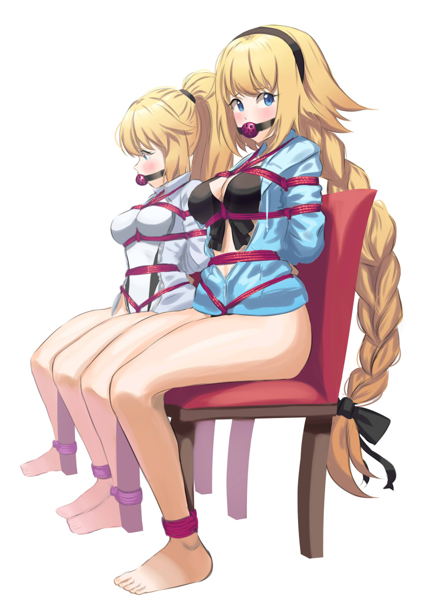 2girls absurdres arms_behind_back ball_gag bdsm bikini black_bikini black_hairband blonde_hair blue_eyes blue_jacket bondage bound bound_arms bound_legs braid breast_bondage breasts cailin020 chair commission competition_swimsuit dual_persona english_commentary fate/grand_order fate_(series) front-tie_bikini front-tie_top gag gagged hairband highleg highleg_swimsuit highres hood hooded_jacket jacket jeanne_d'arc_(fate)_(all) jeanne_d'arc_(swimsuit_archer)_(fate) long_braid long_hair medium_breasts multiple_girls one-piece_swimsuit ponytail red_rope rope shibari shibari_over_clothes single_braid sitting swimsuit very_long_hair white_swimsuit