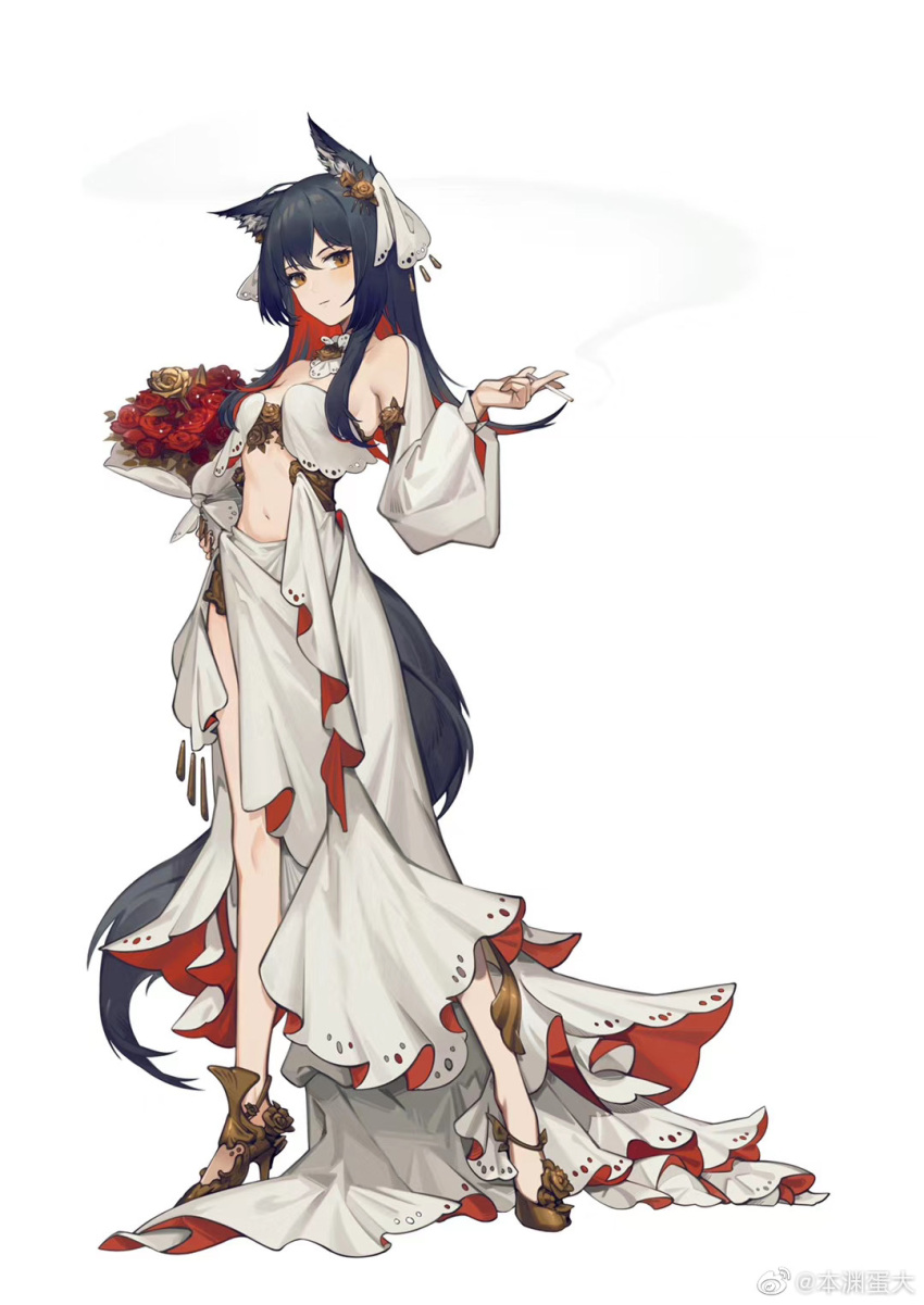 1girl alternate_costume animal_ears arknights ben_yuan_dan_da black_hair bouquet cigarette collar colored_inner_hair detached_collar dress flower full_body gold_footwear hair_ornament high_heels highres holding holding_bouquet holding_cigarette long_hair looking_at_viewer midriff multicolored_hair navel red_flower redhead simple_background smoke solo standing tail texas_(arknights) weibo_username white_background white_collar white_dress wolf_ears wolf_girl wolf_tail yellow_eyes