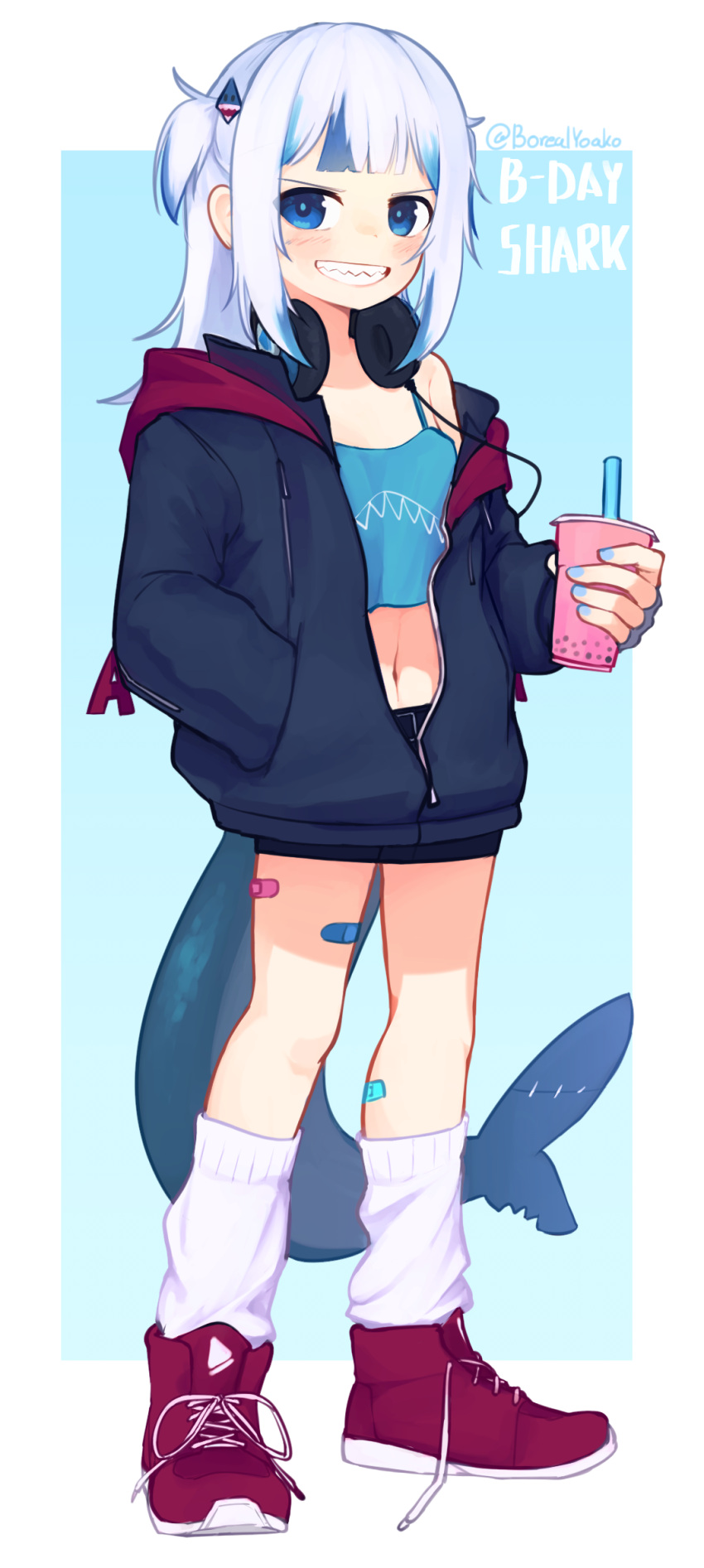 1girl bandaid bandaid_on_leg bangs black_shorts blue_background blue_eyes blue_jacket blue_nails blunt_bangs blush border cup disposable_cup fingernails fish_tail full_body gawr_gura grin happy_birthday headphones headphones_around_neck highres holding holding_cup hololive hood hood_down hooded_jacket jacket looking_at_viewer midriff multicolored_hair nail_polish navel open_clothes open_jacket red_footwear shark_tail sharp_teeth short_shorts shorts smile solo streaked_hair tail tank_top teeth twitter_username two-tone_hair two_side_up virtual_youtuber white_border white_hair white_legwear yoako
