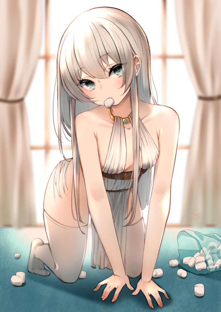 1girl absurdres all_fours bag bare_shoulders breasts curtains eyebrows_visible_through_hair food grey_eyes grey_hair highres huge_filesize long_hair looking_at_viewer marshmallow mouth_hold onigirisss original small_breasts solo thigh-highs white_legwear window