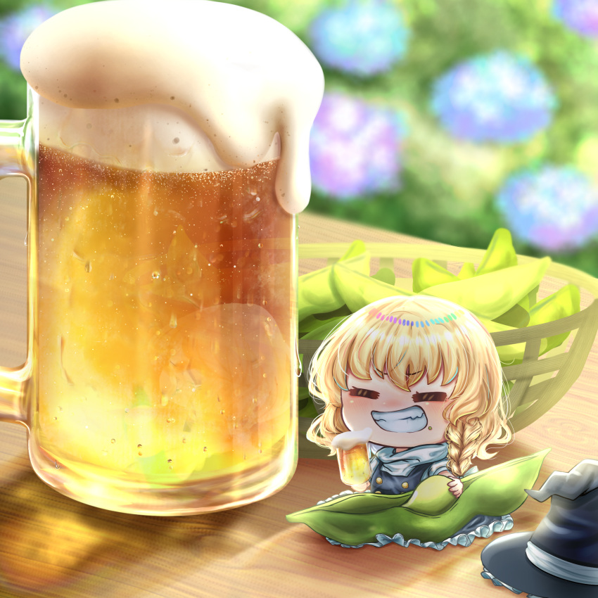 1girl alcohol basket bean_sprout beer beer_mug black_dress black_headwear blonde_hair blue_flower blurry blurry_background blush braid buttons chibi closed_eyes cup depth_of_field dress eyebrows_visible_through_hair flower flower_request foam food food_on_face frills grin hat hat_removed headwear_removed highres holding holding_cup kirisame_marisa long_hair minigirl mug nose_blush outdoors petticoat rainbow_order reflection single_braid sitting smile solo suna_sen table touhou turtleneck v-shaped_eyebrows witch_hat wooden_table