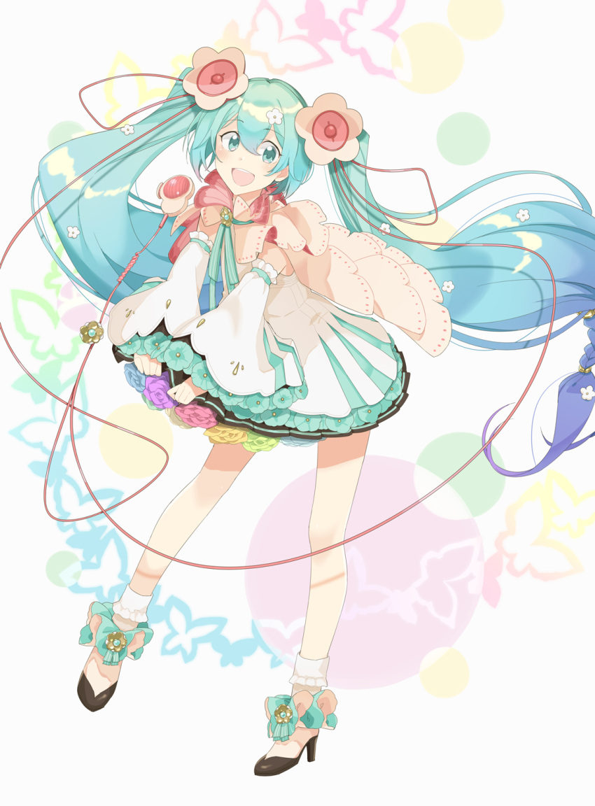 1girl absurdly_long_hair agonasubi aqua_eyes aqua_flower aqua_hair aqua_ribbon black_skirt black_sleeves blue_flower blue_hair bug butterfly butterfly_background cable cape colorful commentary detached_sleeves flower full_body gradient_hair green_flower hair_flower hair_ornament hairclip hatsune_miku high_heels highres insect jewelry layered_sleeves leaning_forward long_hair looking_at_viewer magical_mirai_(vocaloid) medallion microphone miniskirt multicolored_hair neck_ribbon open_mouth pendant pleated_skirt purple_flower rainbow red_flower ribbon shirt skirt sleeveless sleeveless_shirt smile solo twintails very_long_hair vocaloid white_background white_flower white_shirt white_sleeves yellow_flower