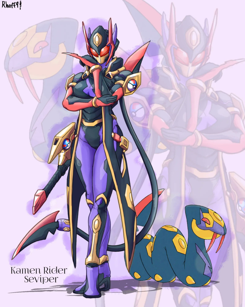 1girl character_name contrapposto creature_and_personification english_commentary english_text full_body gen_3_pokemon great_ball highres kamen_rider personification poke_ball pokemon pokemon_(creature) power_armor purple_background seviper signature standing to_ze tokusatsu zoom_layer