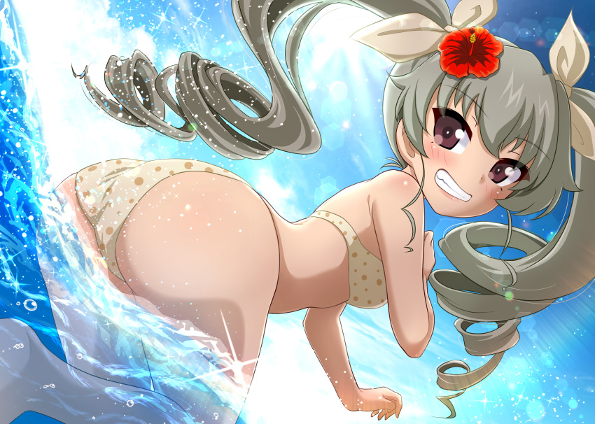 1girl alternate_costume anchovy_(girls_und_panzer) ass bikini brown_eyes drill_hair eyebrows_visible_through_hair flower girls_und_panzer green_hair grin hair_flower hair_ornament hair_ribbon highres lips long_hair looking_at_viewer parted_lips ribbon shiina_excel smile solo swimsuit teeth twin_drills white_ribbon