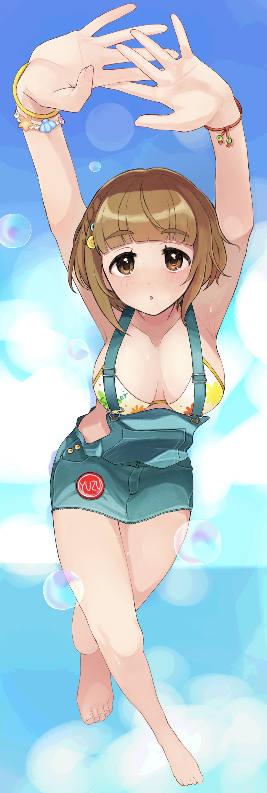 1girl absurdres armpits arms_up bare_legs barefoot bikini bikini_top bob_cut bracelet breasts brown_hair floral_print hair_ornament hairpin highres idolmaster idolmaster_cinderella_girls jewelry kitami_yuzu large_breasts outstretched_arms overall_skirt overalls pin short_hair solo swimsuit yuzuhota0313