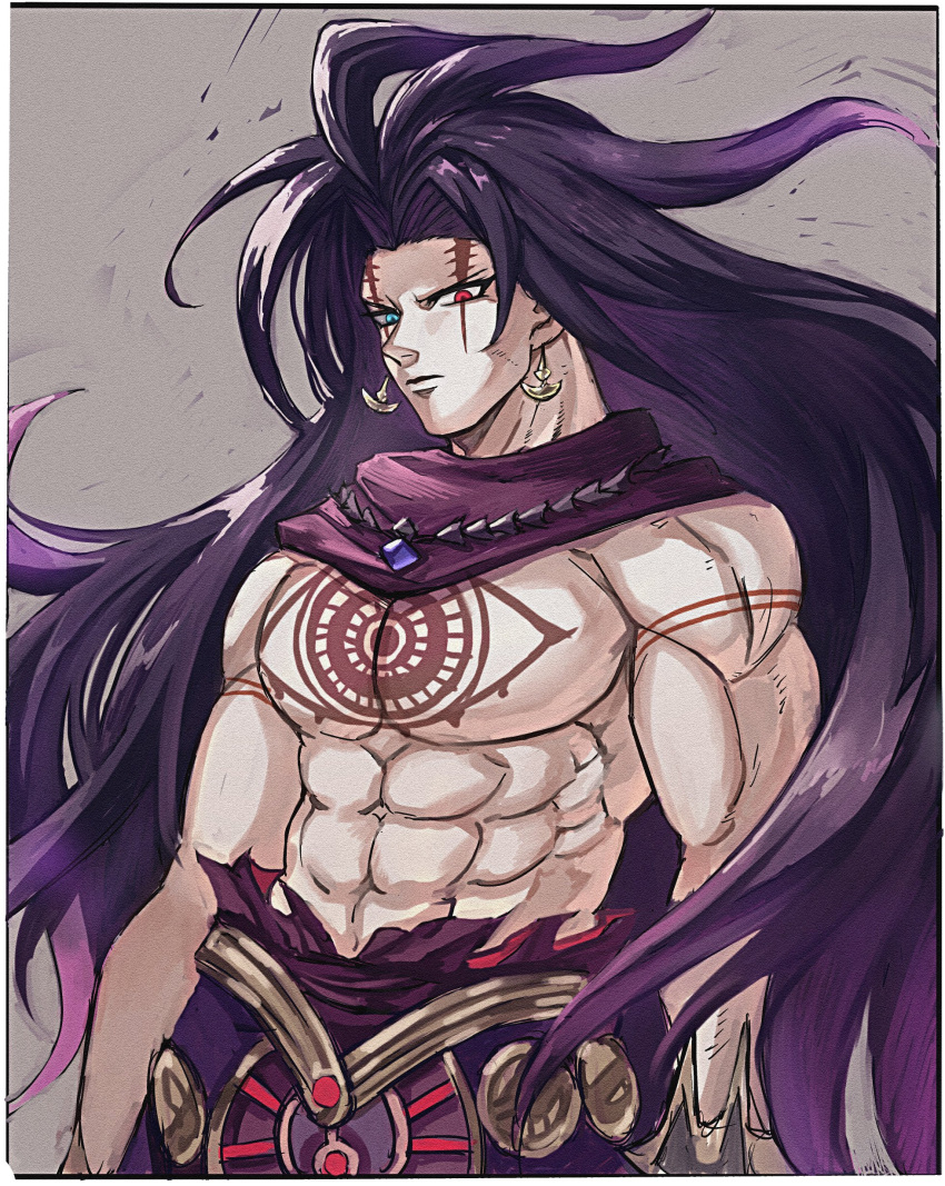 1boy absurdres black_hair blue_eyes body_markings chaos_frankenstein earrings frown grey_background grimms_notes heterochromia highres jewelry long_hair male_focus mamefuku_(mamedehuku) muscular purple_hair red_eyes scar scar_across_eye shirtless solo