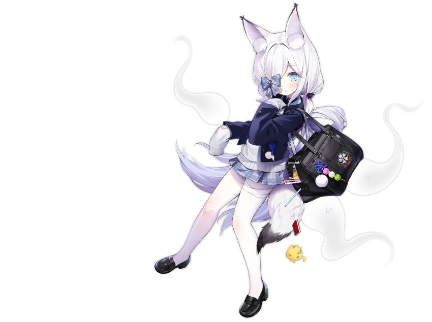 1girl animal animal_ears azur_lane bag bandaged_leg bandages bangs black_footwear black_jacket blazer blue_eyes bow byulzzi eyebrows_visible_through_hair fox_ears fox_girl fox_tail grey_skirt hair_bow hair_over_eyes highres jacket kasumi_(at_school_with_foo)_(azur_lane) kasumi_(azur_lane) loafers long_hair long_sleeves looking_at_viewer manjuu_(azur_lane) official_alternate_costume official_art open_clothes open_jacket open_mouth pantyhose parted_lips petals plaid plaid_skirt pleated_skirt purple_bow school_bag school_uniform shoes skirt sleeves_past_fingers sleeves_past_wrists sweater tail transparent_background very_long_hair white_hair white_legwear white_sweater
