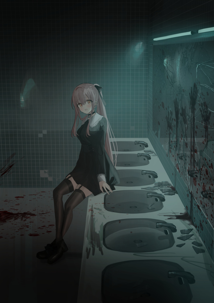 1girl :d absurdres bangs black_bow black_dress black_footwear blood blood_splatter blush bow breasts brown_eyes brown_legwear chihuri commentary_request crack dress eyebrows_visible_through_hair faucet garter_straps hair_between_eyes hair_bow highres indoors long_hair long_sleeves looking_at_viewer medium_breasts mirror open_mouth original pink_hair ponytail reflection shoes sink sitting smile solo thigh-highs tile_wall tiles very_long_hair yana_(chihuri)