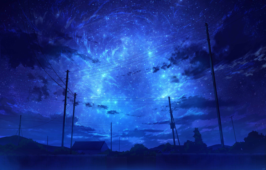 absurdres black_cloud blue_theme brick_wall clouds commentary_request galaxy highres house mountainous_horizon no_humans original scenery school_gateway sky skyrick9413 space star_(sky) starry_sky tree utility_pole window