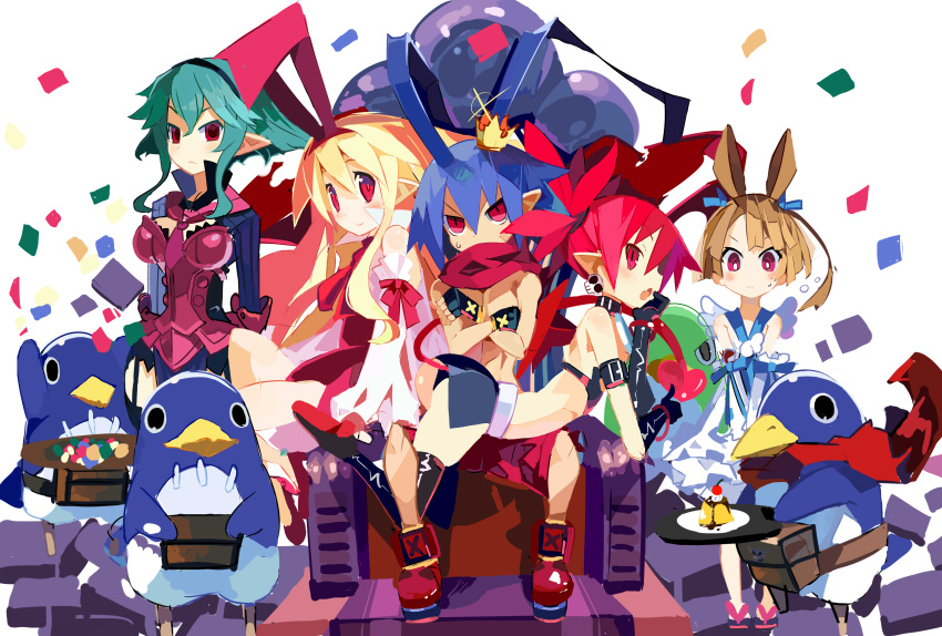 1boy 4girls absurdres ahoge barbara_(disgaea) blonde_hair blue_hair boots choker demon_girl demon_tail demon_wings disgaea disgaea_d2 earrings etna flat_chest flonne flonne_(fallen_angel) food green_eyes hat highres horns jewelry laharl long_hair makai_senki_disgaea medium_hair miyakawa106 multiple_girls pointy_ears prinny pudding red_eyes redhead short_shorts shorts sicily_(disgaea) sidelocks skull_earrings slit_pupils smile tail thigh-highs thigh_boots twintails wings