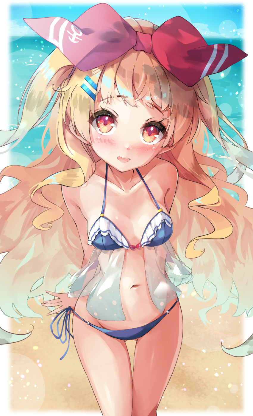1girl alternate_costume azur_lane beach blonde_hair blush bow breasts collarbone commentary_request commission hair_bow hair_ornament hairclip highres jenkins_(azur_lane) navel nyahu_(nyahu_77) open_mouth orange_eyes skeb_commission sky small_breasts solo swimsuit