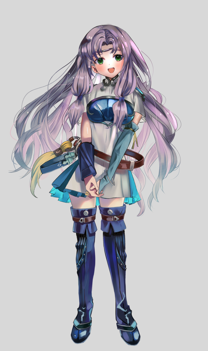 1girl absurdres armor bangs belt blush boots breastplate chil0107 circlet dress elbow_gloves fire_emblem fire_emblem:_the_blazing_blade florina_(fire_emblem) full_body gloves green_eyes hands_together highres long_hair looking_at_viewer open_mouth parted_bangs pauldrons purple_hair shoulder_armor smile solo thigh-highs thigh_boots upper_teeth very_long_hair white_dress zettai_ryouiki