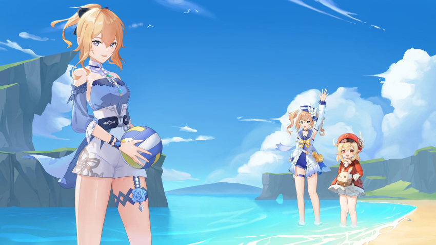 3girls :d absurdres ahoge arm_up armpits ball bangs barbara_(genshin_impact) barbara_(summertime_sparkle)_(genshin_impact) beach beachball bloomers blue_eyes blue_sky blue_swimsuit bow brown_gloves brown_scarf cabbie_hat carrying choker clouds cloudy_sky clover_print coat commentary_request detached_sleeves drill_hair eyebrows_visible_through_hair genshin_impact gloves hair_between_eyes hair_bow hair_ribbon hat hat_feather hat_ornament highres holding holding_ball horizon in_water island jean_(genshin_impact) jean_(sea_breeze_dandelion)_(genshin_impact) jumpy_dumpty klee_(genshin_impact) light_brown_hair liuqian_wei_guang long_hair looking_at_viewer low_twintails multiple_girls ocean open_mouth orange_eyes pointy_ears ponytail red_coat red_headwear ribbon sailor_collar scarf sidelocks sky smile swimsuit twin_drills twintails underwear waving