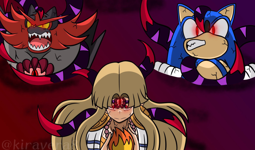 alternate_eye_color angry blonde_hair blue_fur colored_sclera corruption crossover dark_persona dharkon fangs fire gen_7_pokemon glowing glowing_eyes hal_laboratory highres incineroar kiravera8 long_hair looking_at_viewer magic nintendo open_mouth pointy_ears pokemon pokemon_(creature) pokemon_(game) pokemon_sm possessed princess_zelda red_eyes sega sharp_teeth slit_pupils sonic_the_hedgehog super_smash_bros. teeth tentacles the_legend_of_zelda the_legend_of_zelda:_a_link_between_worlds veins yellow_sclera