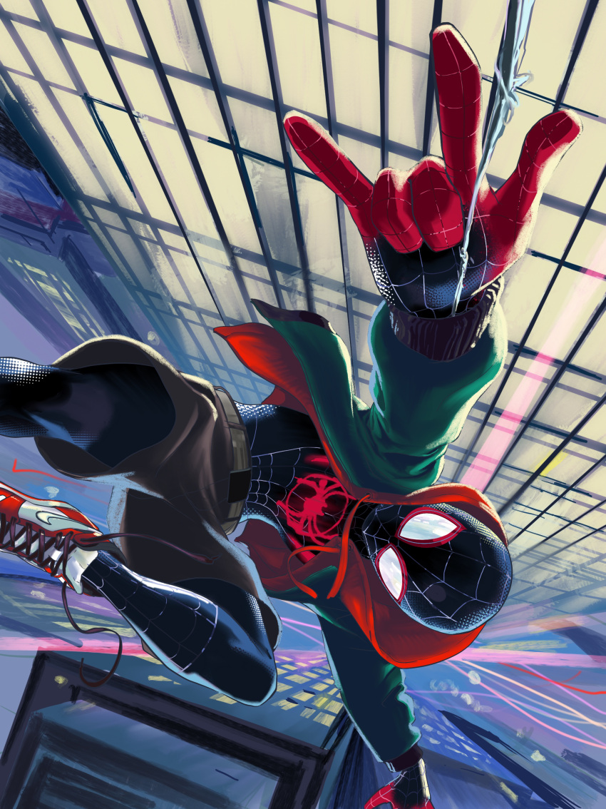 1boy absurdres black_shirt city cityscape clouds dusk evening falling fingerless_gloves gloves highres hood miles_morales red_footwear sawada2 shirt shoes sky sneakers solo spider-man:_into_the_spider-verse spider-man_(series)