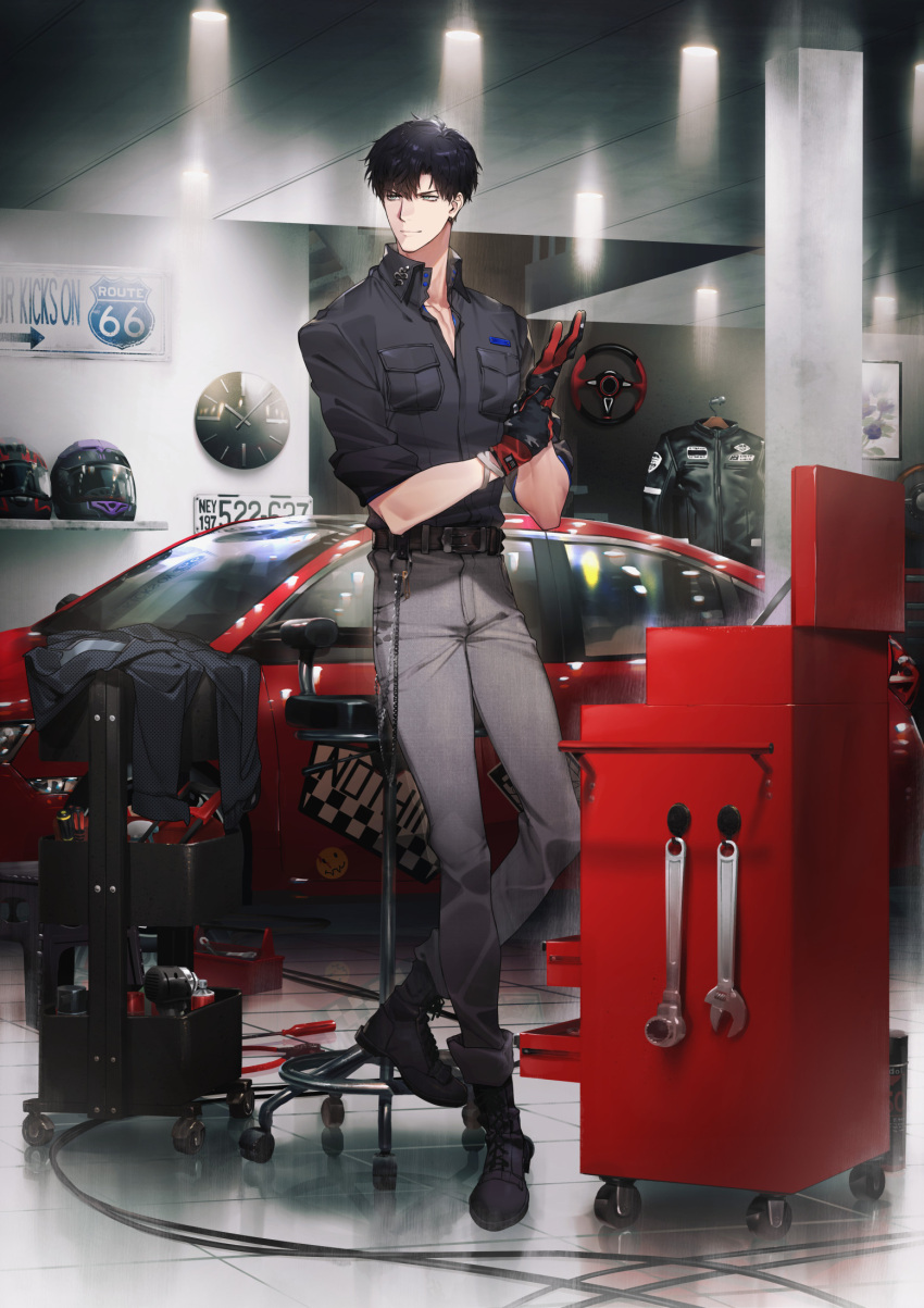 1boy adjusting_clothes adjusting_gloves belt black_hair black_shirt brown_belt car chain closed_mouth earrings gloves green_eyes grey_pants ground_vehicle hand_up highres indoors jacket jewelry leaning_back leather leather_jacket light_and_night_love male_focus motor_vehicle official_art pants pilot_helmet ryota-h screwdriver shirt short_hair short_sleeves sitting smile solo standing stool toolbox wrench
