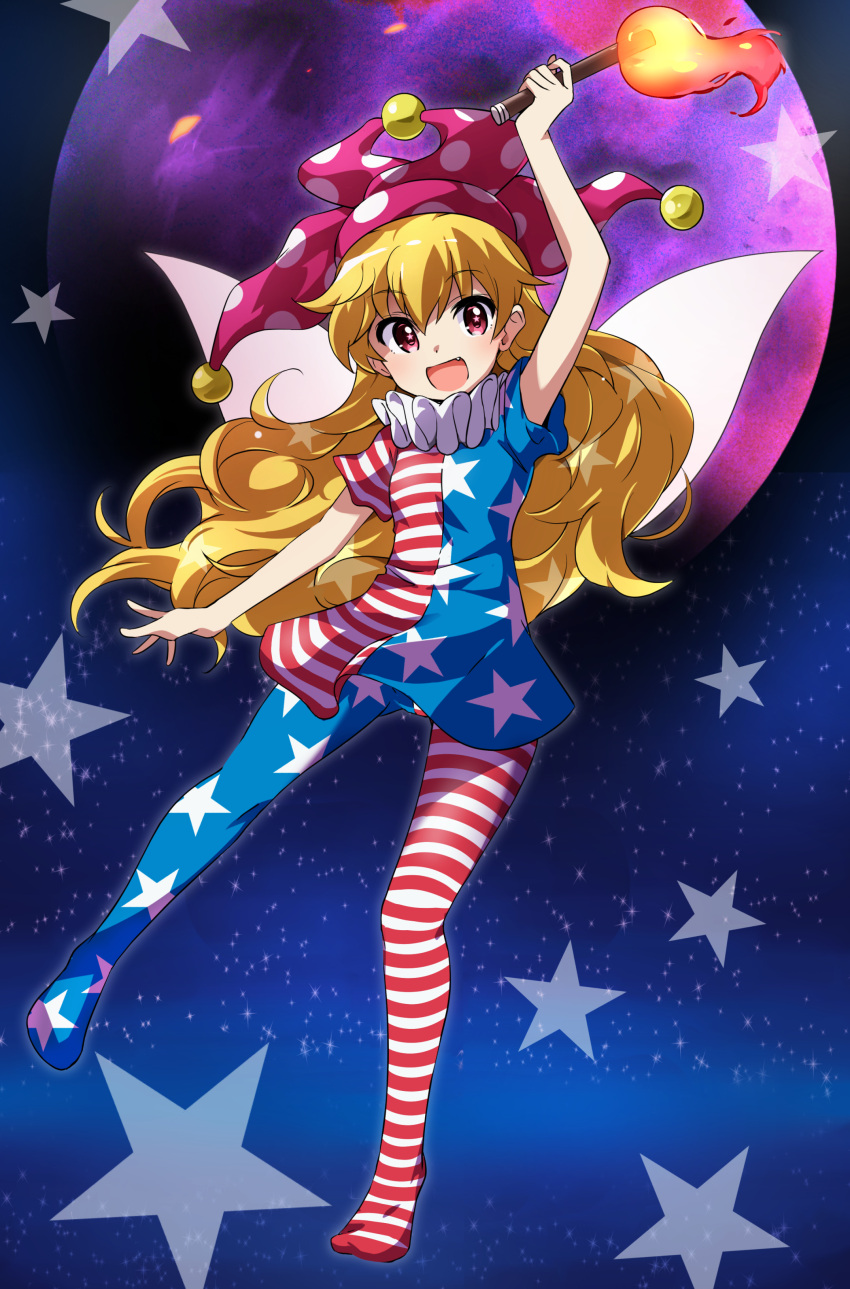 1girl absurdres american_flag_dress american_flag_legwear arm_up blonde_hair clownpiece dress eyebrows_visible_through_hair fairy_wings fang fire full_body full_moon hat highres holding holding_torch jester_cap long_hair looking_at_viewer moon neck_ruff open_mouth pantyhose pink_headwear polka_dot red_eyes short_dress short_sleeves sky smile solo star-shaped_pupils star_(sky) star_(symbol) star_print starry_sky striped symbol-shaped_pupils tokiani torch touhou very_long_hair wings