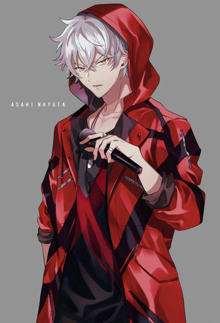 1boy argonavis_from_bang_dream! asahi_nayuta bang_dream! character_name english_text grey_background highres holding holding_microphone hood hooded_jacket jacket jewelry male_focus microphone mugen25 red_eyes red_jacket ring simple_background sleeves_rolled_up solo upper_body white_hair
