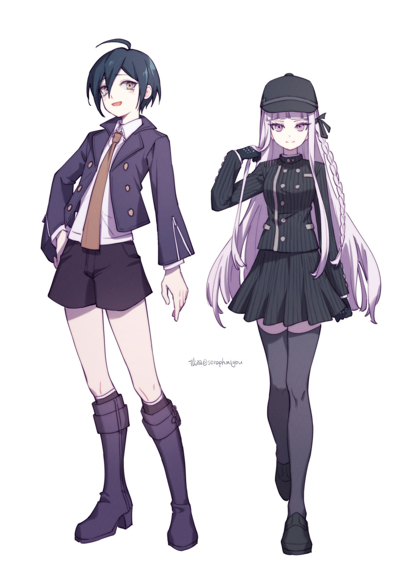 1boy 1girl :d absurdres adjusting_hair ahoge bangs black_footwear black_gloves black_hair black_headwear black_jacket black_legwear black_ribbon black_shorts black_skirt boots braid brown_eyes buttons commentary cosplay costume_switch dangan_ronpa:_trigger_happy_havoc dangan_ronpa_(series) dangan_ronpa_v3:_killing_harmony double-breasted ewa_(seraphhuiyu) full_body gloves grey_background hair_ribbon hand_up highres jacket kirigiri_kyouko kirigiri_kyouko_(cosplay) knee_boots kneehighs long_sleeves looking_at_viewer miniskirt open_mouth pantyhose pleated_skirt ribbon saihara_shuuichi saihara_shuuichi_(cosplay) shirt short_hair shorts side_braid simple_background single_braid skirt smile standing thigh-highs twitter_username violet_eyes zettai_ryouiki