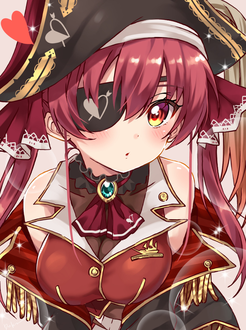 1girl :o arrow_through_heart ascot bangs bare_shoulders bicorne black_choker black_eyepatch black_headwear blush breasts brooch bubble_background buttons choker commentary_request covered_collarbone embroidery eyepatch frilled_choker frills gold_trim hair_between_eyes hair_ribbon hat heart highres hololive houshou_marine jacket jewelry large_breasts leotard leotard_under_clothes long_hair looking_at_viewer parted_lips pirate_hat red_eyes red_jacket red_neckwear red_ribbon redhead ribbon sheer_leotard shiny shiny_hair signature simple_background sleeveless sleeveless_jacket solo sparkle twintails upper_body usagi_koushaku virtual_youtuber