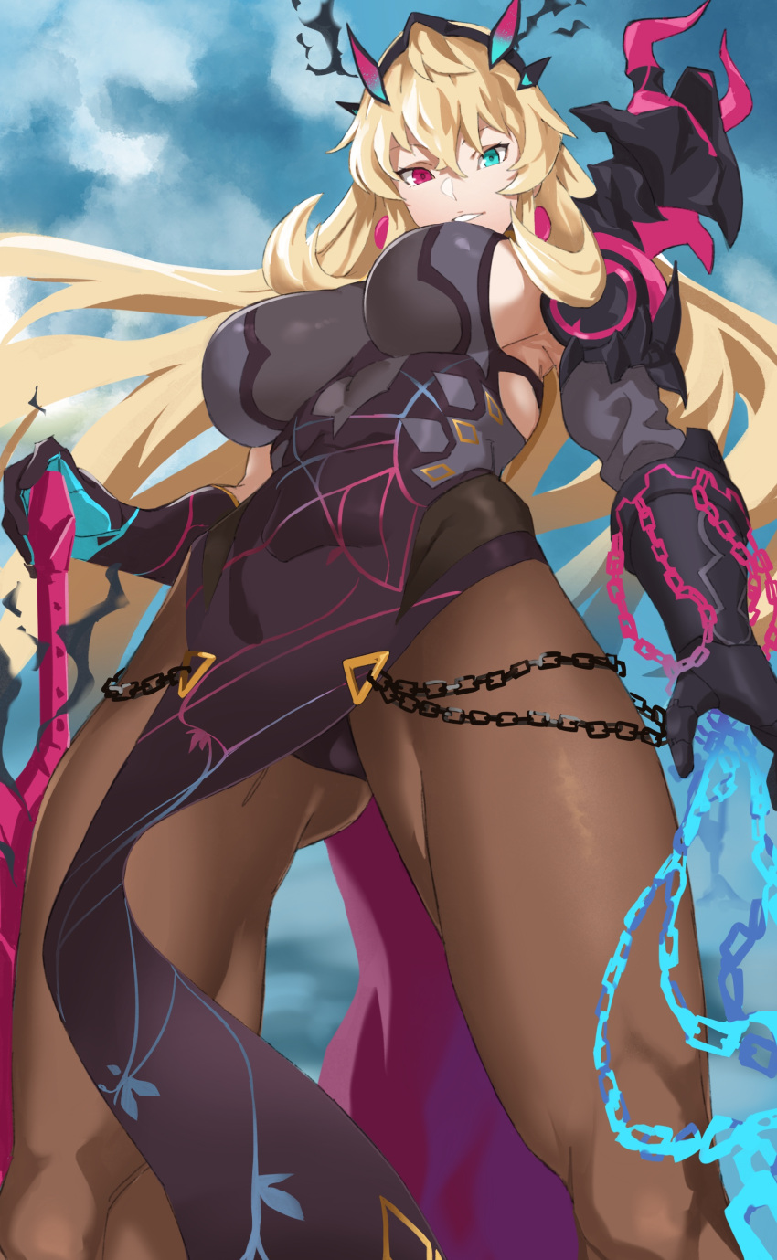 1girl abs absurdres armor bangs bare_shoulders black_dress blonde_hair blue_eyes blue_sky breasts brown_legwear chain dress earrings fate/grand_order fate_(series) gauntlets gawain_(fairy_knight)_(fate) heterochromia highres horns jewelry large_breasts long_hair looking_at_viewer muscular muscular_female pantyhose pauldrons pelvic_curtain pretty-purin720 red_eyes shoulder_armor sideboob single_gauntlet single_pauldron sky smile solo sword thighs toned weapon