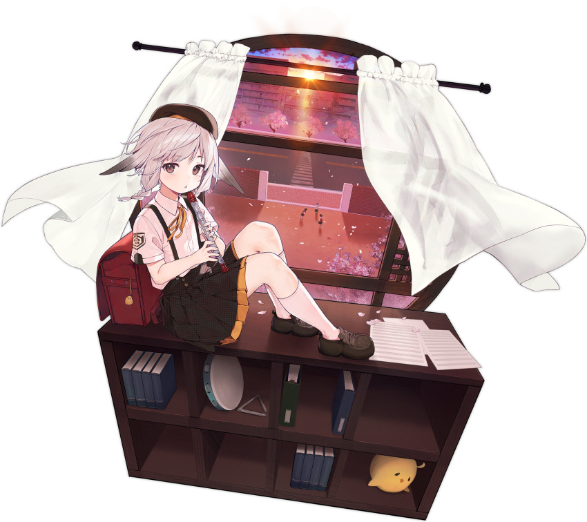 1girl animal_ears azur_lane beret black_headwear black_skirt book bookshelf braid curtains cymbals flat_chest grey_eyes grey_hair hat highres holding holding_instrument instrument kazagumo_(after-school_melody)_(azur_lane) kazagumo_(azur_lane) looking_at_viewer mole mole_under_eye nagu neck_ribbon official_alternate_costume official_art on_shelf paper pleated_skirt recorder ribbon road shirt short_braid short_hair short_sleeves side_braid sitting skirt solo street sunset suspenders transparent_background tree triangle_(instrument) white_shirt window yellow_ribbon