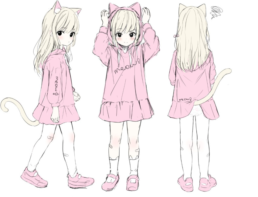 1girl animal_ear_legwear animal_ears animal_hood bandaid bandaid_on_knee bandaid_on_leg blonde_hair cat_ear_legwear cat_ears cat_girl cat_tail child from_behind full_body hawawa hood hood_down hood_up hoodie hoodie_dress long_hair long_sleeves original panties pantyhose pink_footwear pink_hoodie raised_eyebrow shoes sketch smile tail underwear white_legwear white_panties