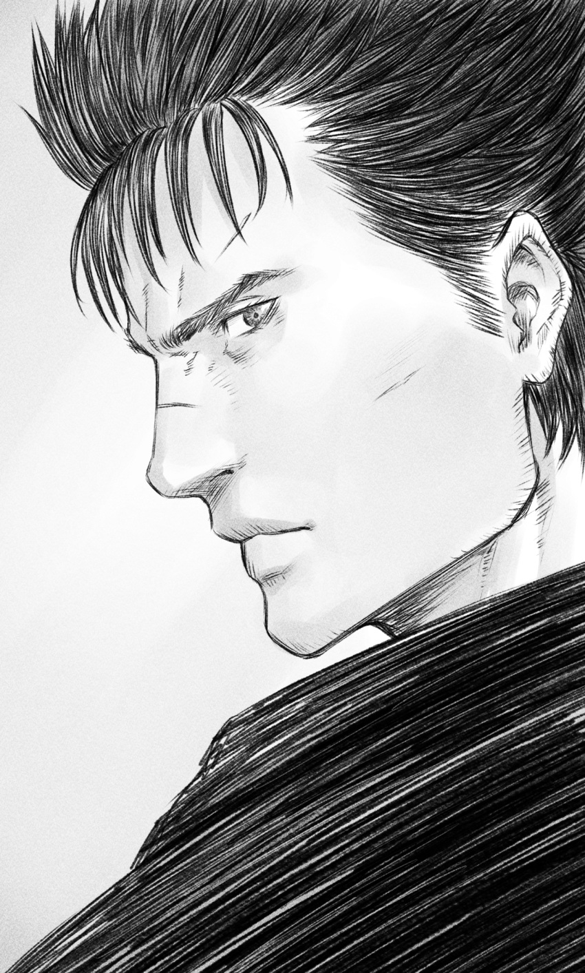 1boy berserk closed_mouth face greyscale guts_(berserk) hatching_(texture) highres looking_at_viewer male_focus monochrome mugetsu2501 profile scar scar_on_face scar_on_nose sketch solo spiky_hair