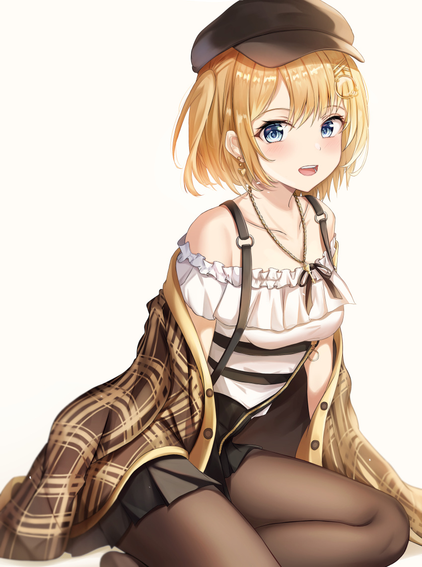 1girl :d absurdres bangs bare_shoulders black_ribbon blonde_hair blue_eyes blush breasts brown_jacket collarbone earrings grey_background hair_ornament hairclip highres hololive hololive_english jacket jewelry looking_at_viewer medium_breasts monocle_hair_ornament necklace off_shoulder open_mouth pantyhose plaid_jacket ribbon short_hair short_sleeves simple_background sitting skirt smile solo upper_teeth virtual_youtuber watson_amelia x_hair_ornament zeroillya