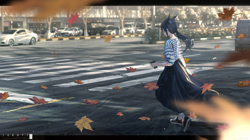 1girl absurdres arknights artist_name black_footwear blue_hair blue_shirt blue_skirt bottle7 car ch'en_(arknights) chinese_commentary city commentary_request crosswalk cup dated dragon_girl dragon_horns dragon_tail english_text falling_leaves full_body ground_vehicle highres holding holding_cup horns leaf long_skirt motor_vehicle outdoors ponytail road scenery shirt shoes skirt socks solo street striped striped_shirt tail walking white_legwear white_shirt