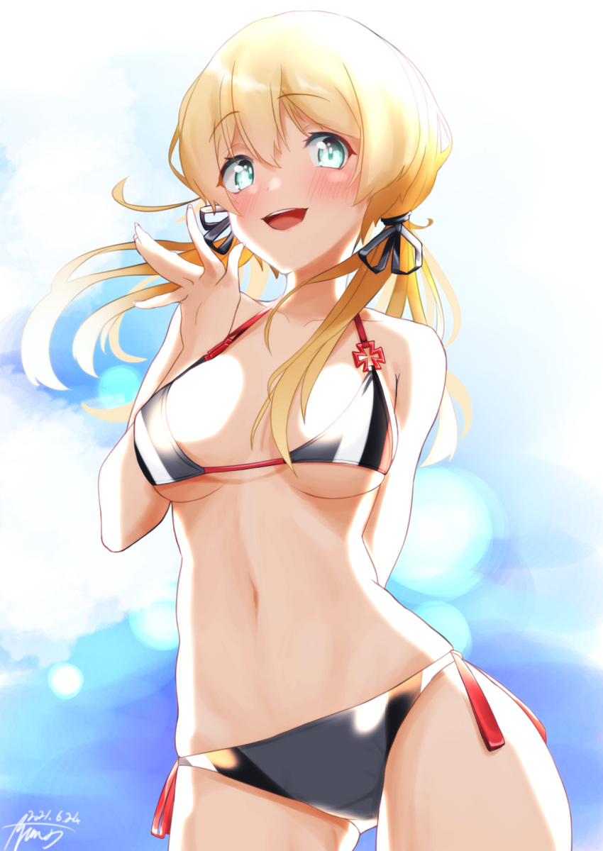 1girl aqua_eyes arm_behind_back ayuman bikini blonde_hair breasts commission cowboy_shot grey_bikini highres kantai_collection large_breasts long_hair looking_at_viewer multicolored multicolored_bikini multicolored_clothes navel prinz_eugen_(kancolle) side-tie_bikini solo standing swimsuit twintails