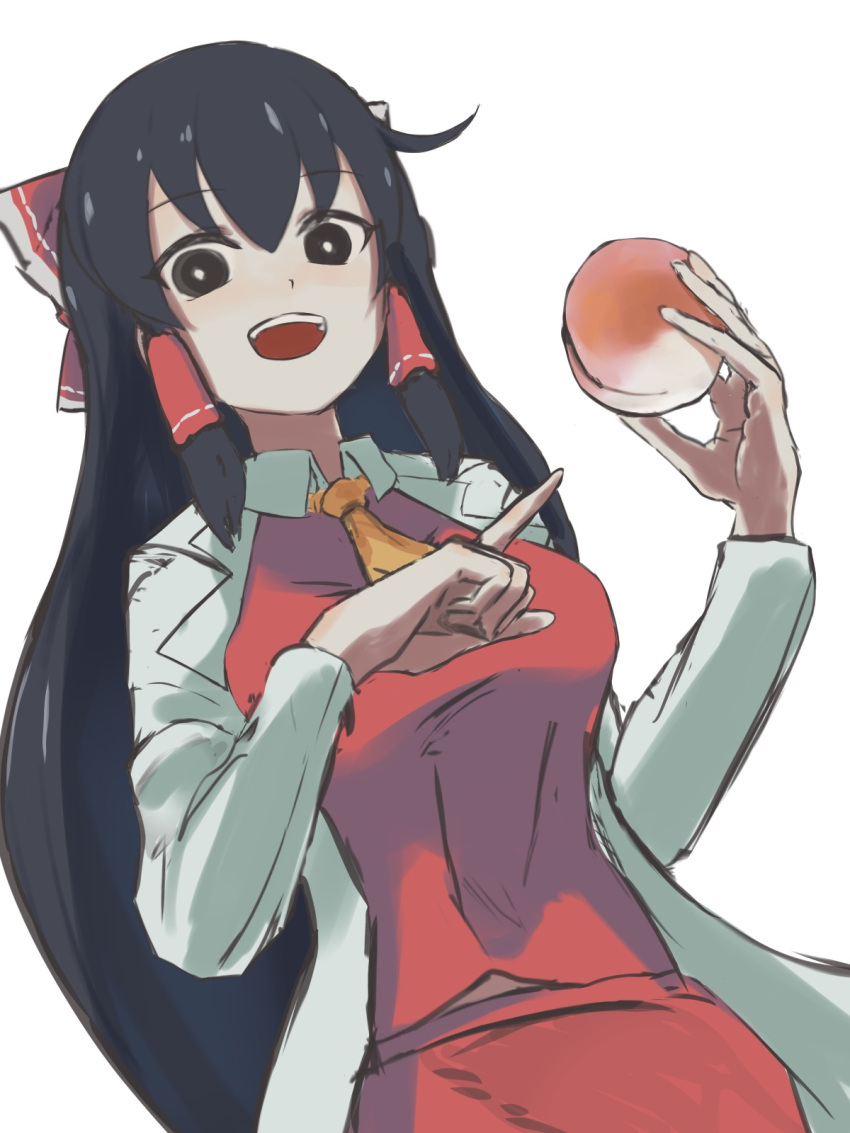 1girl bangs black_eyes black_hair bow breasts bright_pupils coat collared_shirt commentary_request cookie_(touhou) cowboy_shot eyebrows_visible_through_hair food fruit hair_bow hair_tubes hakurei_reimu highres holding holding_food holding_fruit johnnyyyyy labcoat long_hair looking_at_viewer medium_breasts necktie open_mouth peach red_bow red_shirt red_skirt shinonome_(cookie) shirt simple_background skirt solo touhou white_background white_coat white_pupils yellow_neckwear