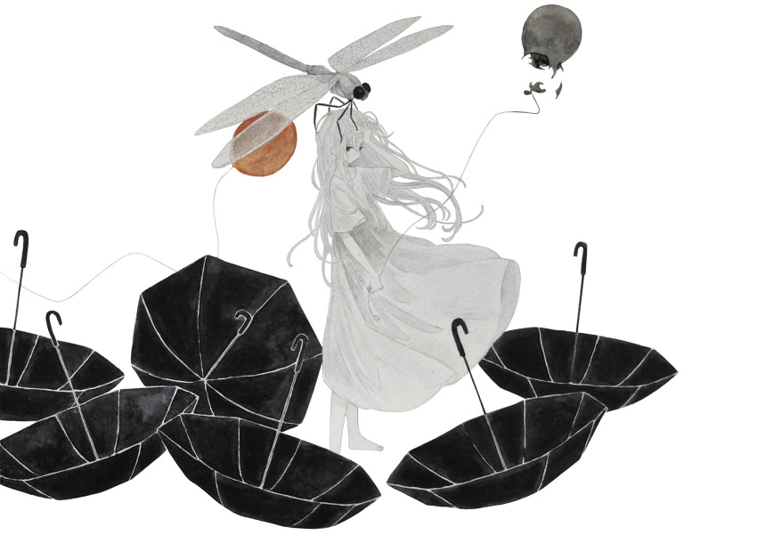 1girl balloon black_umbrella bug dragonfly dress highres holding holding_balloon insect insect_on_head original oversized_insect short_sleeves simple_background solo standing tembin_3 umbrella white_background white_dress wide_shot