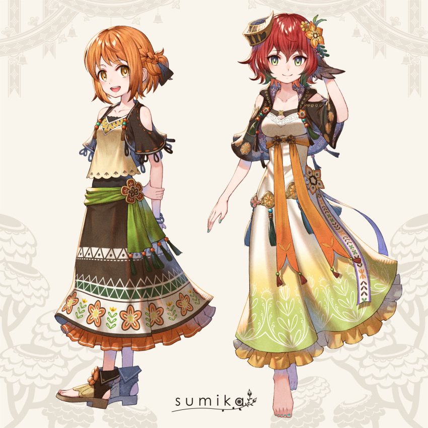 2girls :d arm_behind_back artist_name barefoot blue_nails bracelet braid breasts brown_dress brown_eyes dress fantasy fashion flower hair_flower hair_ornament highres horns jewelry medium_breasts multiple_girls open_mouth orange_hair original redhead sandals sho_(sumika) short_sleeves single_horn small_breasts smile standing white_background