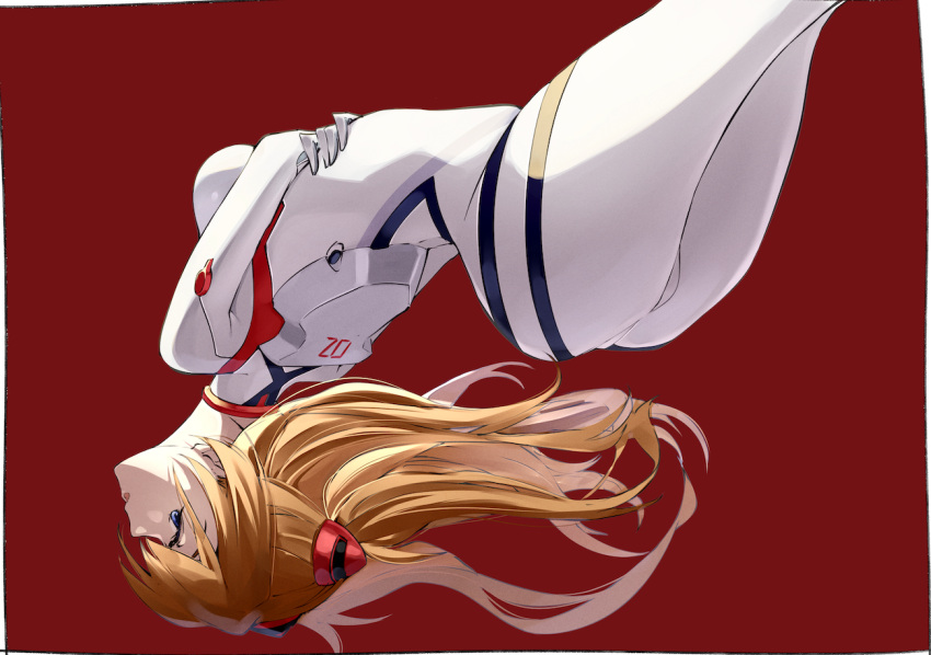 1girl ass ayanami_rei blonde_hair blue_eyes kei_(soundcross) long_hair looking_back neon_genesis_evangelion number open_mouth plugsuit red_background simple_background solo souryuu_asuka_langley turtleneck