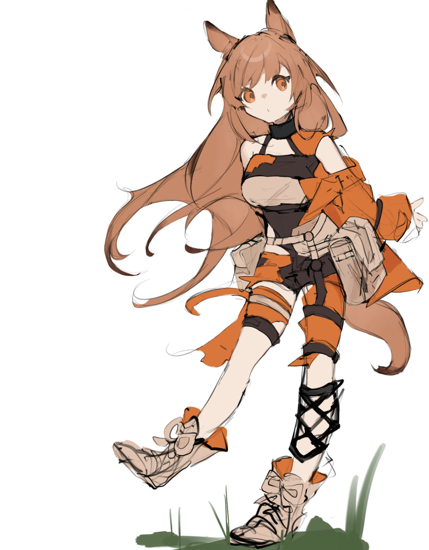 1girl absurdres animal_ears arknights black_collar boots brown_hair brown_shirt ceobe_(arknights) ceobe_(summer_flowers)_(arknights) collar dog_ears dog_girl full_body highres jacket long_hair off_shoulder official_alternate_costume orange_eyes orange_jacket orange_shorts pouch ptyynghere shirt shorts simple_background solo standing standing_on_one_leg white_background white_footwear