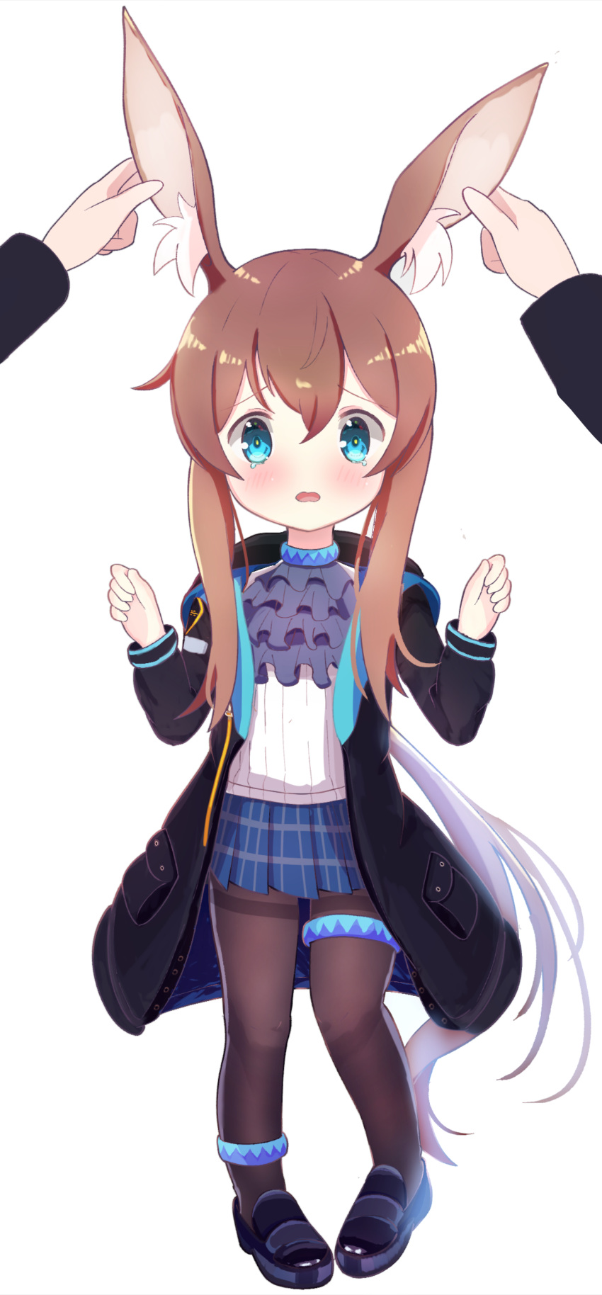 1girl absurdres amiya_(arknights) animal_ear_fluff animal_ears ankle_strap arknights ascot black_footwear black_jacket black_legwear blue_neckwear blue_skirt blush brown_hair commentary ear_grab highres jacket long_hair looking_at_viewer open_clothes open_jacket open_mouth pantyhose plaid plaid_skirt pleated_skirt pov pov_hands rabbit_ears rebaa shirt shoes simple_background skirt solo_focus tearing_up thigh_strap white_background white_shirt younger