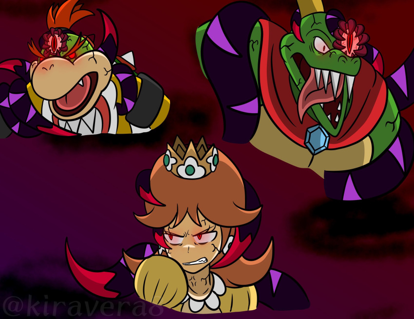 alternate_eye_color angry blonde_hair blue_fur bowser_jr. brown_hair cape corruption crossover crown dark_persona dharkon donkey_kong_(series) donkey_kong_country fangs glowing glowing_eyes hal_laboratory highres king_k._rool kiravera8 long_hair looking_at_viewer looking_to_the_side super_mario_bros. nintendo open_mouth pointy_ears possessed princess_daisy red_eyes sharp_teeth short_hair slit_pupils super_mario_bros. super_mario_land super_mario_sunshine super_smash_bros. teeth tentacles tongue tongue_out veins
