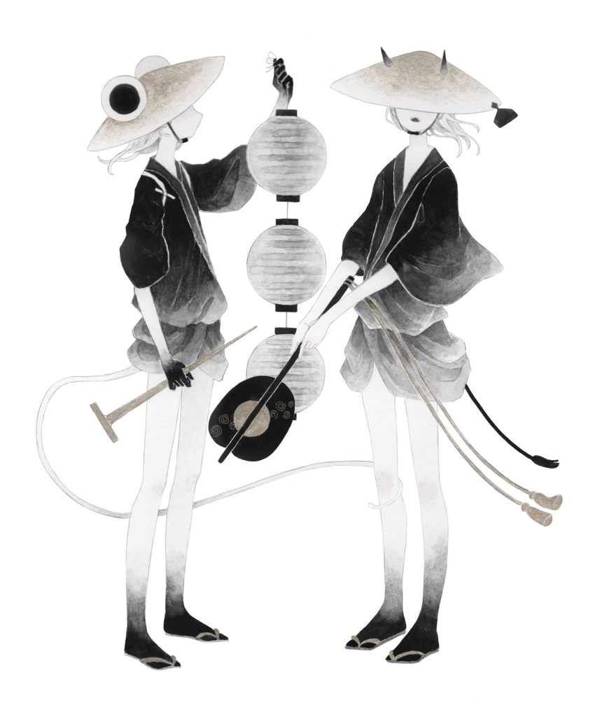 2girls animal_ears arm_up black_horns covered_eyes cow_tail hat highres holding holding_instrument holding_lantern horns instrument lantern limited_palette medium_hair mouse_ears mouse_tail multiple_girls new_year original paper_lantern sandals simple_background tail tembin_3 white_background white_hair