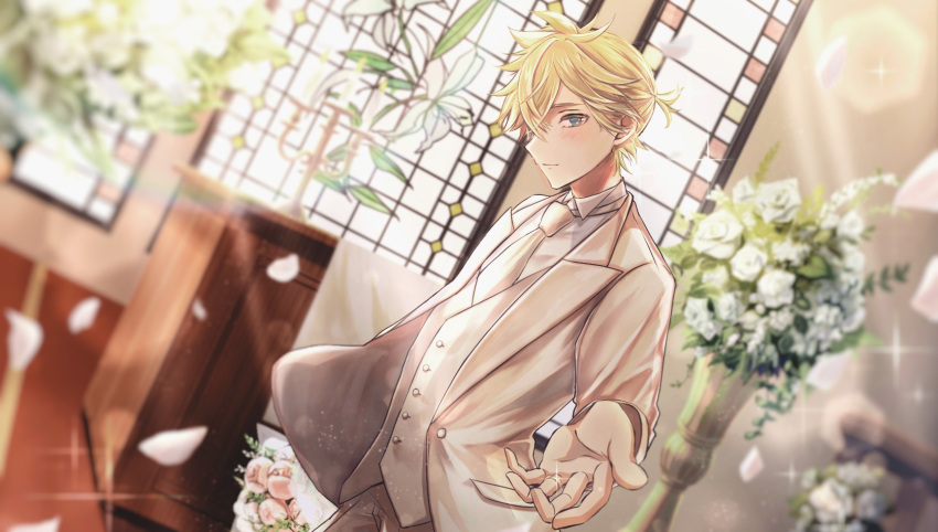 1boy blonde_hair blue_eyes blurry blurry_background bouquet commentary falling_petals flower foreshortening formal glint groom highres holding holding_bouquet indoors jacket jewelry kagamine_len lens_flare looking_at_viewer male_focus pants petals pink_flower podium reaching_out ring sera_suilen2036 short_ponytail sparkle spiky_hair suit sunlight upper_body vest vocaloid wedding white_flower white_jacket white_neckwear white_pants white_suit white_vest
