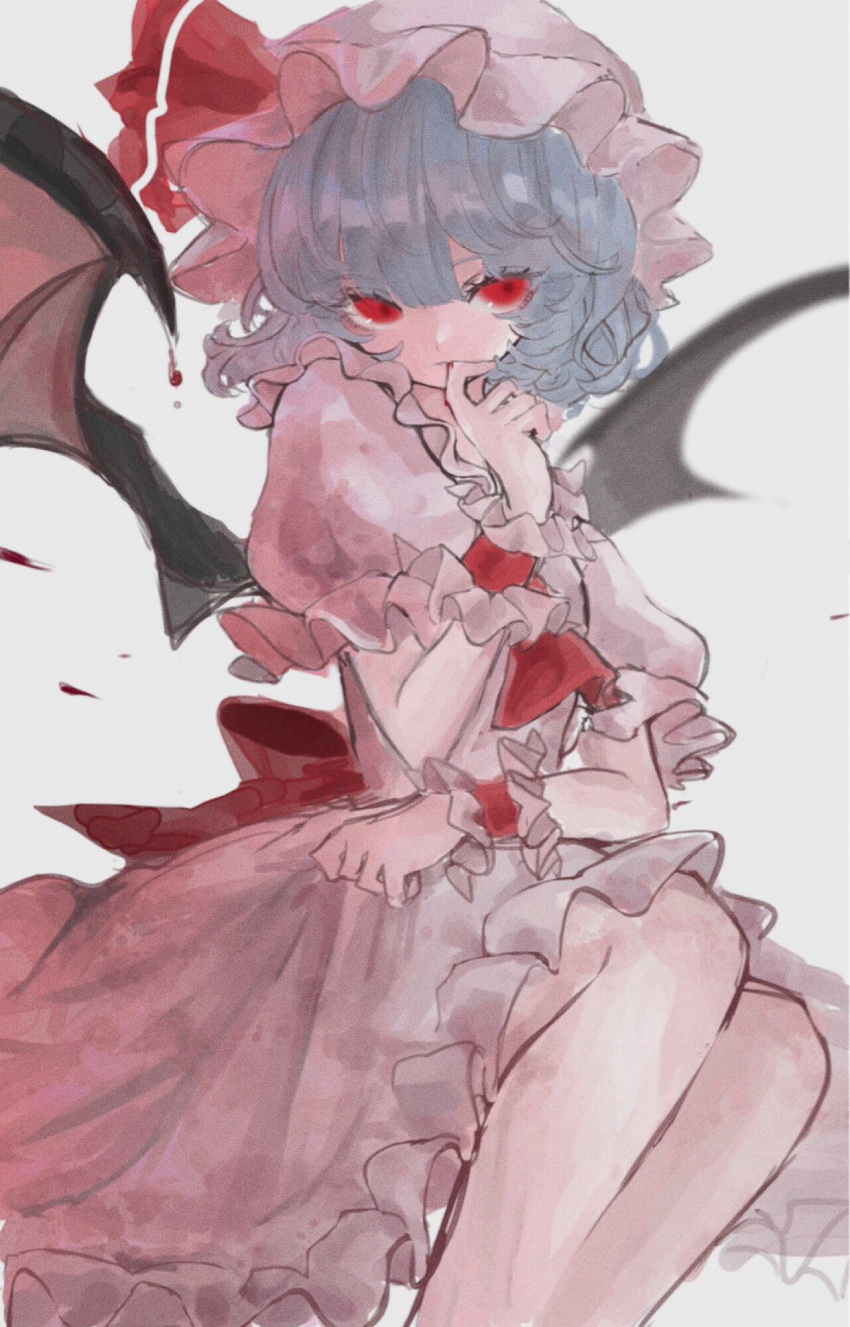 1girl bat_wings biting blood blue_hair blurry blurry_background chii_(pp0) collared_dress depth_of_field dress dripping feet_out_of_frame finger_biting frilled_cuffs frilled_dress frilled_shirt_collar frilled_sleeves frills hand_up hat hat_ribbon highres mob_cap pink_dress pink_headwear red_eyes red_neckwear red_ribbon red_sash remilia_scarlet ribbon sash shiny shiny_hair short_hair simple_background solo touhou wavy_hair wings wrist_cuffs