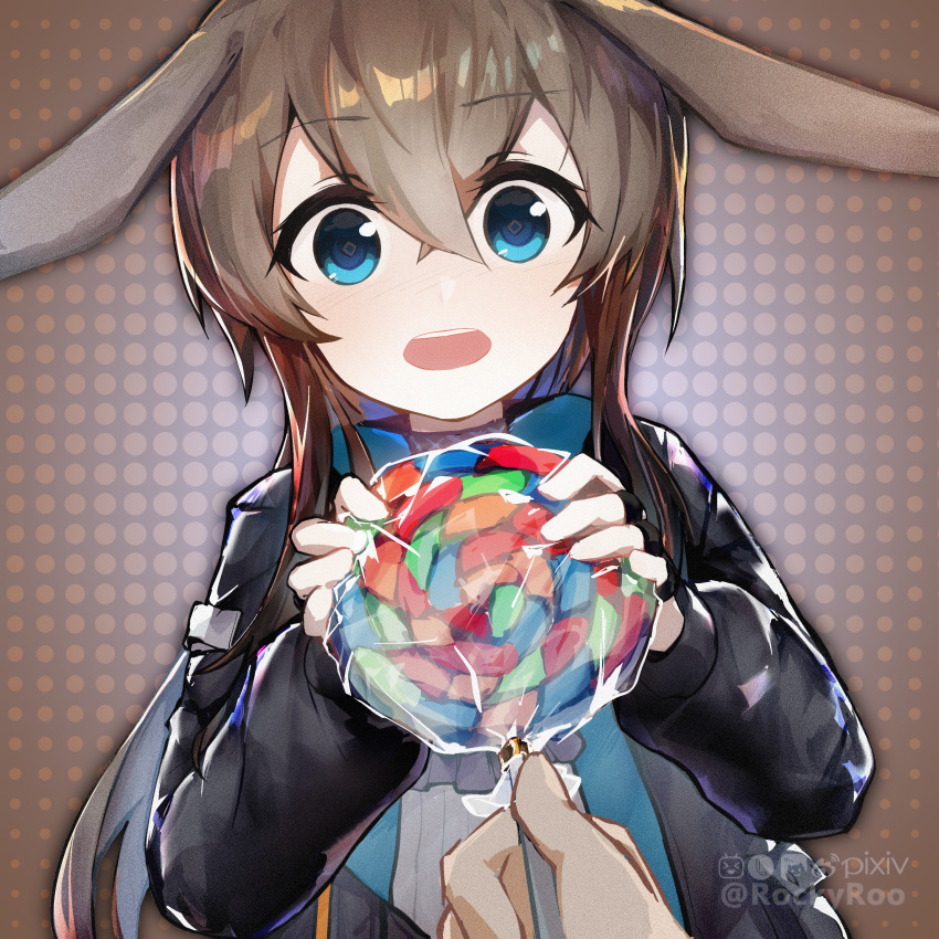1girl absurdres amiya_(arknights) animal_ears arknights artist_name ascot black_jacket blue_collar blue_eyes blue_neckwear brown_hair candy chinese_commentary collar food hair_between_eyes happy highres holding holding_candy holding_food holding_lollipop jacket lollipop long_hair looking_at_viewer open_clothes open_jacket open_mouth pov pov_hands rabbit_ears rockyroo shirt solo_focus upper_body white_shirt