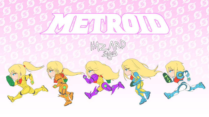 arm_cannon blonde_hair blue_eyes chibi closed_mouth expressionless from_side half-closed_eyes hazard_sys highres long_hair loose_hair metroid metroid_(classic) metroid_dread metroid_fusion metroid_prime mole mole_under_mouth ponytail power_armor running samus_aran sequential short_hair v_arms weapon