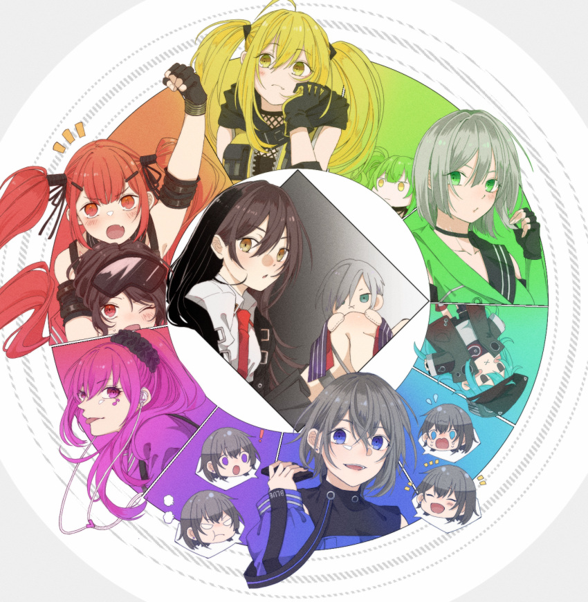 6+girls ahoge black_hair blonde_hair blue_eyes character_doll color_wheel commentary_request cz-75_(girls_frontline) fingerless_gloves g11_(girls_frontline) girls_frontline gloves goggles goggles_on_head gradient green_eyes green_hair hair_ornament hair_scrunchie highres js05_(girls_frontline) long_hair m950a_(girls_frontline) mg5_(girls_frontline) multiple_girls nz_75_(girls_frontline) one_eye_closed open_mouth p22_(girls_frontline) pink_eyes pink_hair pm-06_(girls_frontline) pm-9_(girls_frontline) r5_(girls_frontline) rabb_horn red_eyes redhead scrunchie short_hair silver_hair smile spoken_character tongue tongue_out twintails yellow_eyes