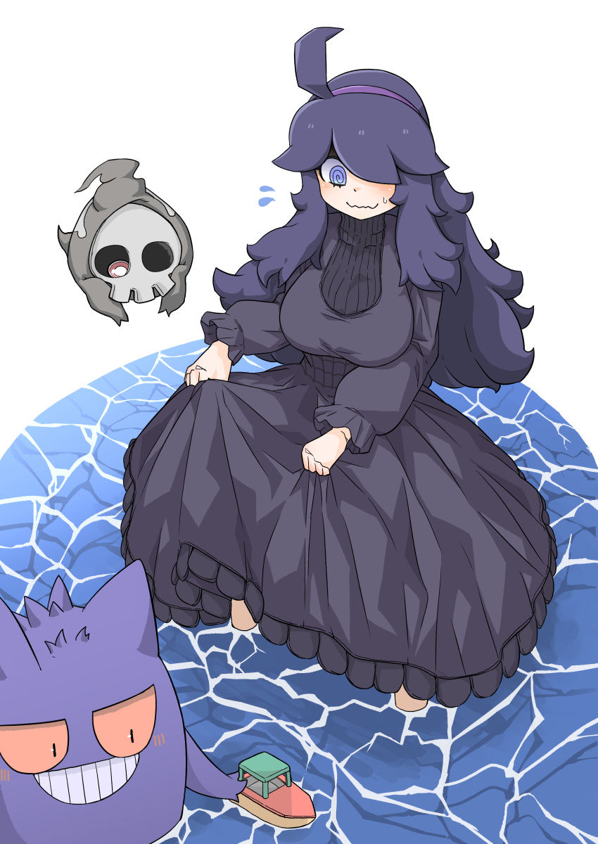 1girl @_@ absurdres black_dress breasts dress duskull gen_1_pokemon gen_3_pokemon gengar hairband hex_maniac_(pokemon) highres large_breasts long_dress long_hair messy_hair npc_trainer pokemon purple_hairband tazonotanbo water