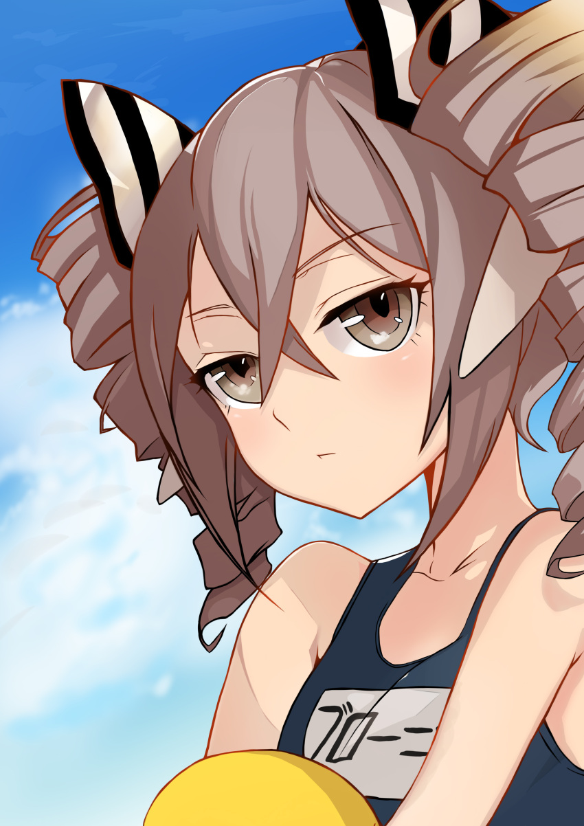 1girl absurdres bangs bare_shoulders blue_sky bronya_zaychik closed_mouth clouds cloudy_sky drill_hair grey_eyes grey_hair hair_between_eyes highres honkai_(series) honkai_impact_3rd kootee-on looking_at_viewer one-piece_swimsuit school_swimsuit school_uniform sky solo swimsuit twin_drills