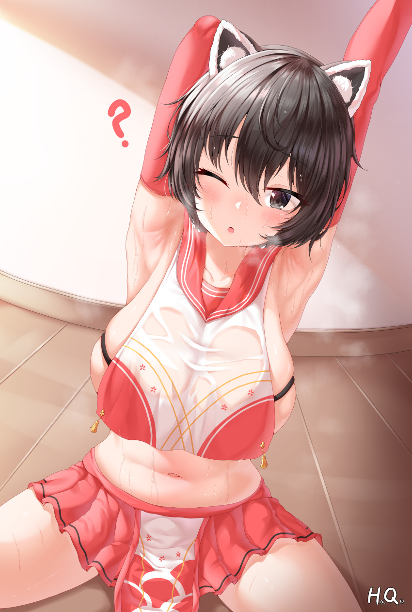 1girl ;o ? absurdres animal_ear_fluff animal_ears arm_behind_head armpits arms_up artist_name bangs black_eyes black_hair blue_archive blush breast_curtains breasts commentary_request cowboy_shot elbow_gloves eyebrows_visible_through_hair gloves haqu highres indoors large_breasts looking_at_viewer midriff navel one_eye_closed pleated_skirt red_gloves red_sailor_collar red_skirt sailor_collar see-through short_hair sideboob sitting skirt solo sweat tsubaki_(blue_archive) wet wet_clothes