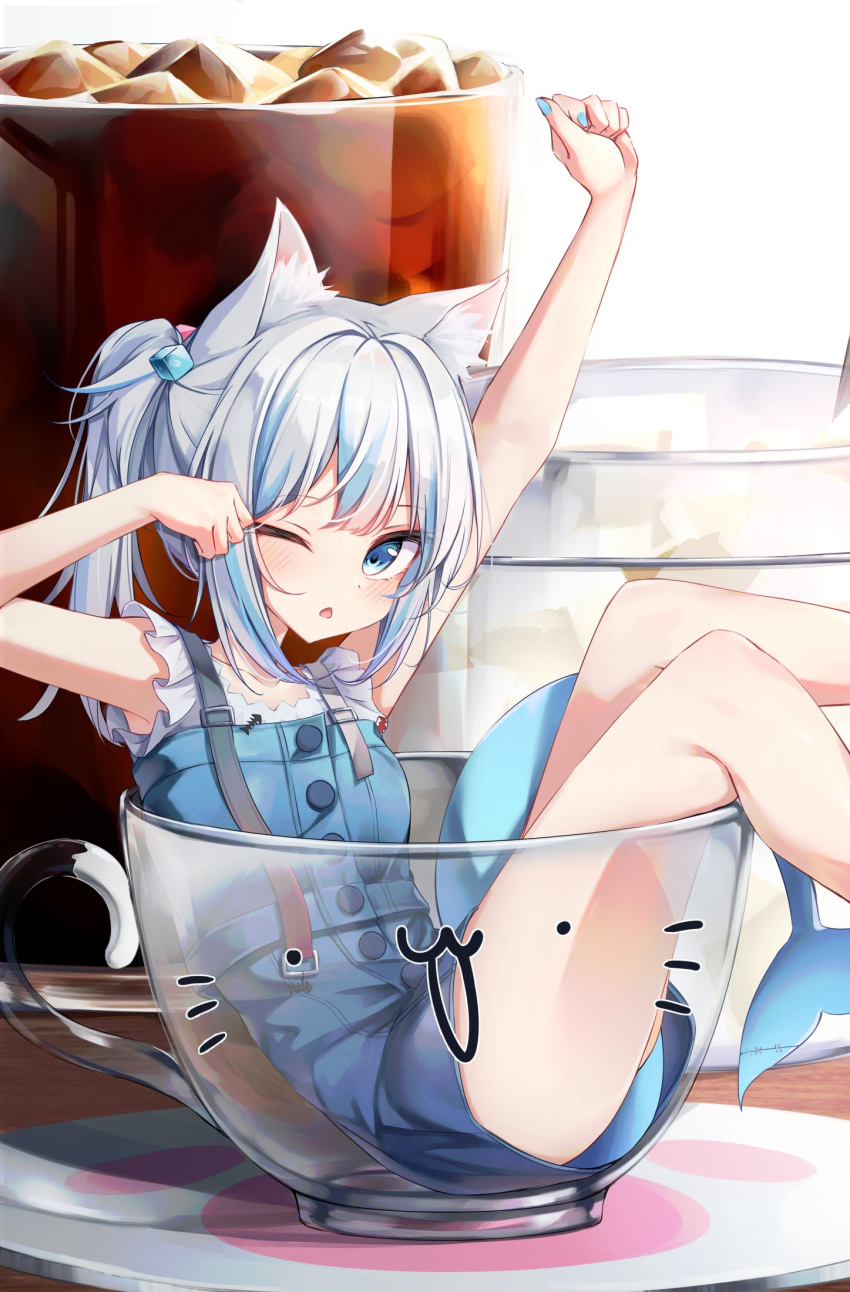 1girl ;o animal_ear_fluff animal_ears arm_up bangs beliatan blue_dress blue_eyes blue_hair blush cat_ears cup dress feet_out_of_frame fish_tail gawr_gura highres hololive hololive_english in_container in_cup looking_at_viewer multicolored_hair nail_polish official_alternate_costume one_eye_closed rubbing_eyes shark_tail side_ponytail solo streaked_hair tail triangle_mouth virtual_youtuber white_hair